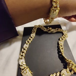 Gold Cuban link Necklace and Bracelet, Rhinestoned